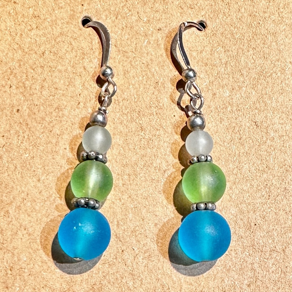 Handmade Genuine‎ Sea Glass Dangle Earrings Blue Green Sterling Silver Hooks